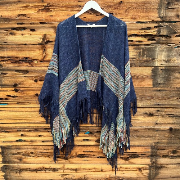 WOVEN HEART | Blue Fringe Poncho Shawl Shrug OS - Picture 1 of 5